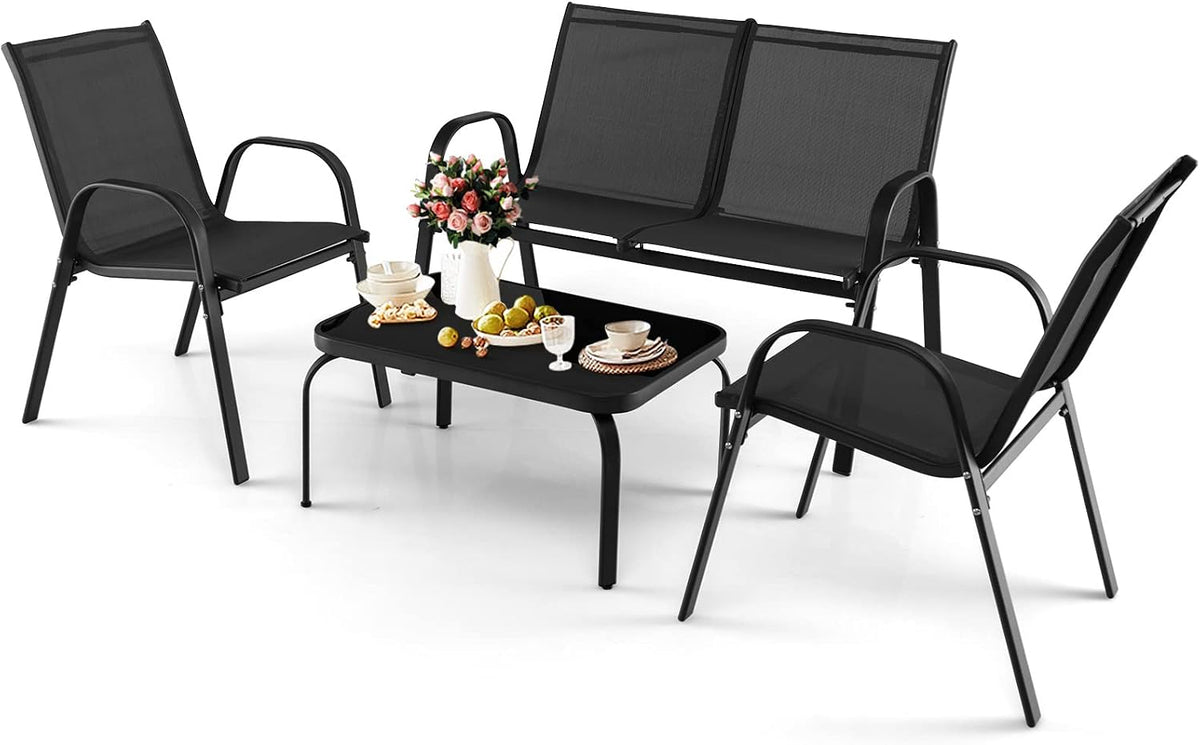GIANTEX Ensemble salle à manger, Canapé Extérieur2 Places avec 2 Fauteuils en Tissu, Salon de Jardin 4 Personnes, 55 × 62 × 83 cm, 35 cm, Noir