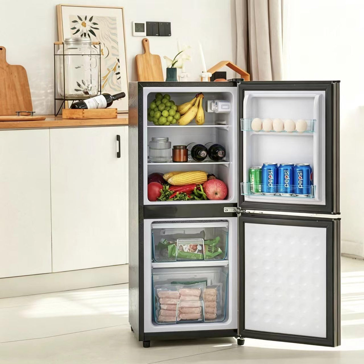 Réfrigérateur QSOST, éclairage LED, 106 L, 60 L, 46 L, 45 dB, 7 niveaux, 60 L frais + 46 L congélateur 4, silencieux 45 dB, 25°C, 166 kWh/an