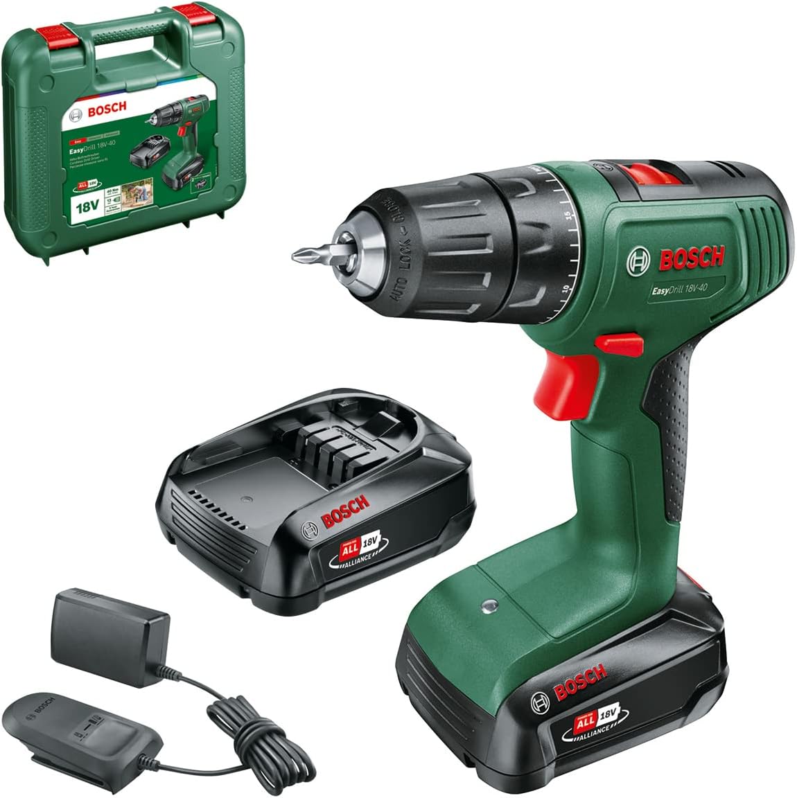 Perceuse-visseuse Bosch 18V-40, éclairage LED, 2, 0 Ah, 18 V, 13 mm, 1630 tr/min, 2 vitesses, 2 batteries 2, 0 Ah, système 18 V