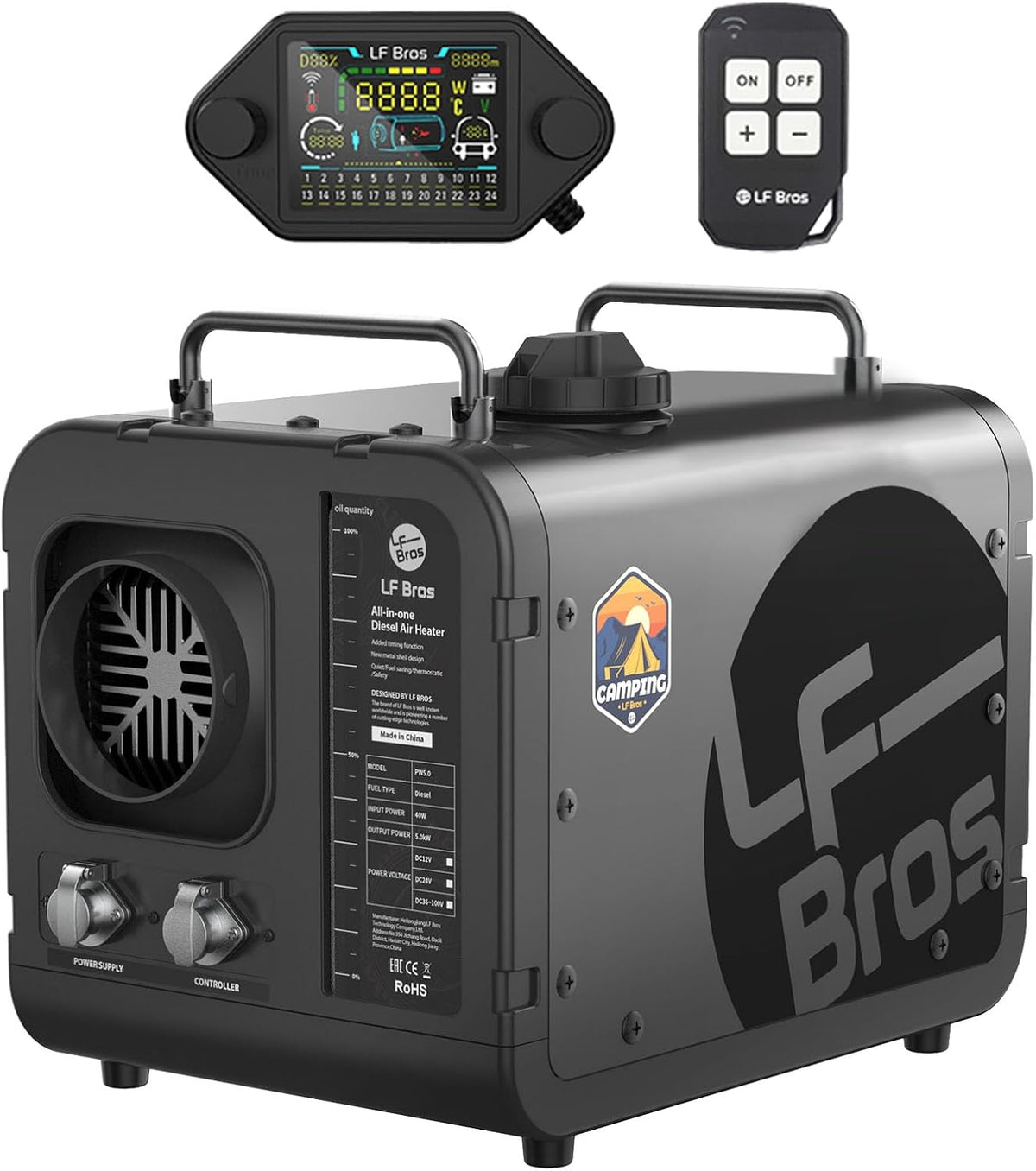 Système d'allumage et de chauffage, 5KW, Chauffage portable avec Minuterie Interrupteur LCD pour Camping, LF Bros, 12V, 220V, Noir, Tente