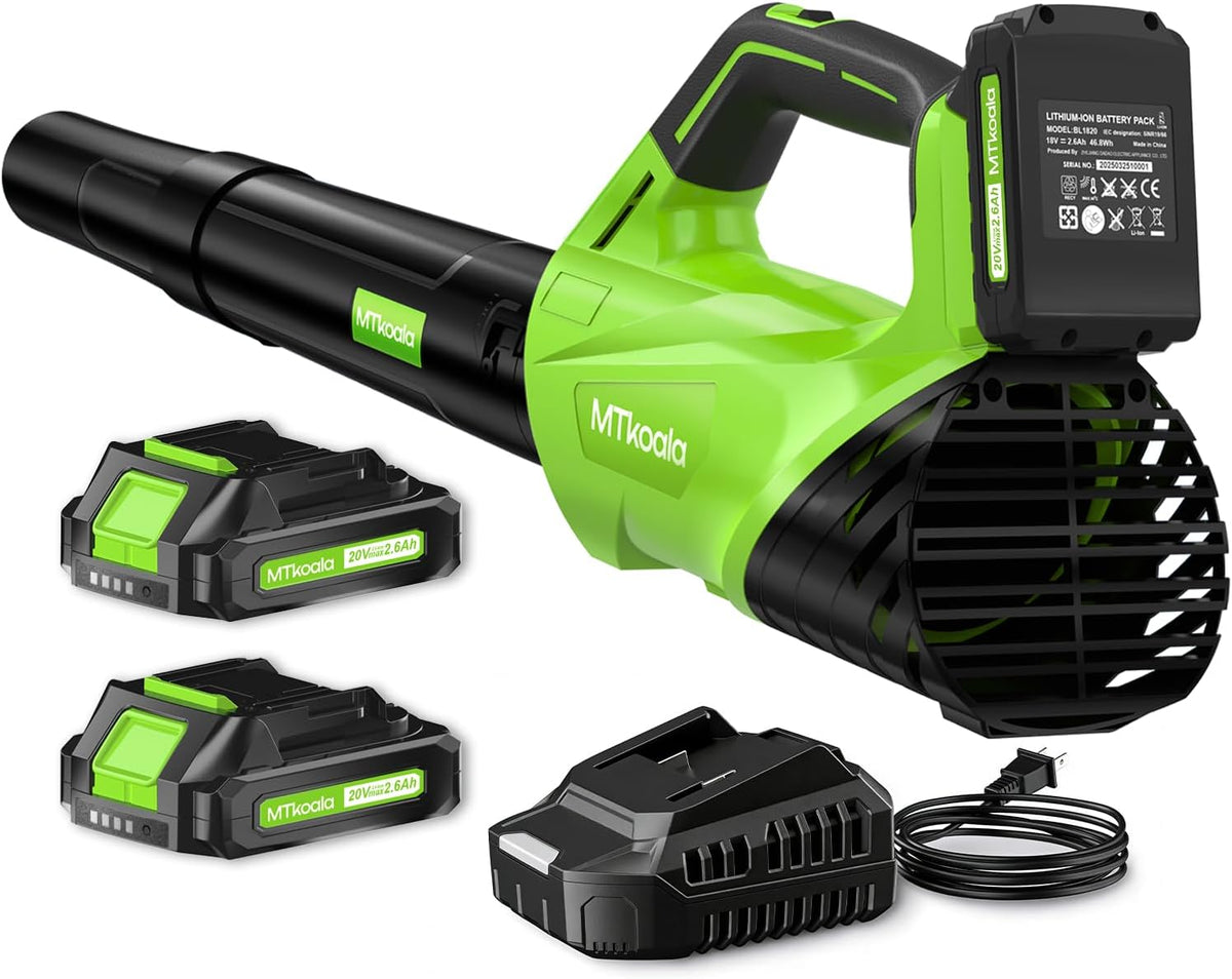 Accessoire pour outillage de jardin MTKOALA, Souffleur de feuilles sans fil avec 2 batteries de 2, 6 Ah et chargeur rapide, 2 modes, 20 V