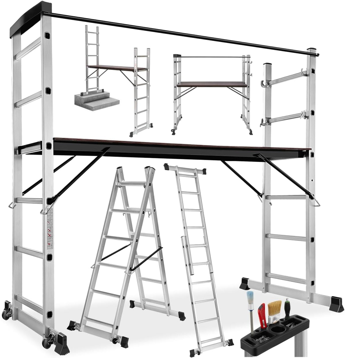 Échafaudage, 150 kg, Échelle Multifonctions en Aluminium 4en1, tectake, 147 × 40 cm, 160 × 70 × 109 cm, 160 × 70 × 165 cm, Max. 150 kg
