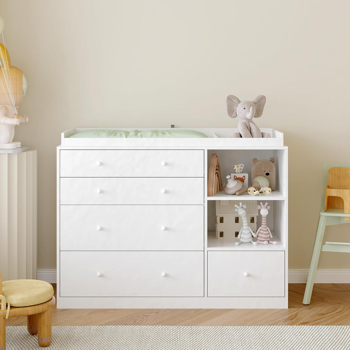 Table à langer, 116 × 47 × 85cm, Meuble à bébé pour la chambre de bébé, Caldion, 5 tiroirs, 120cm, 50cm, 5 tiroirs et étagères