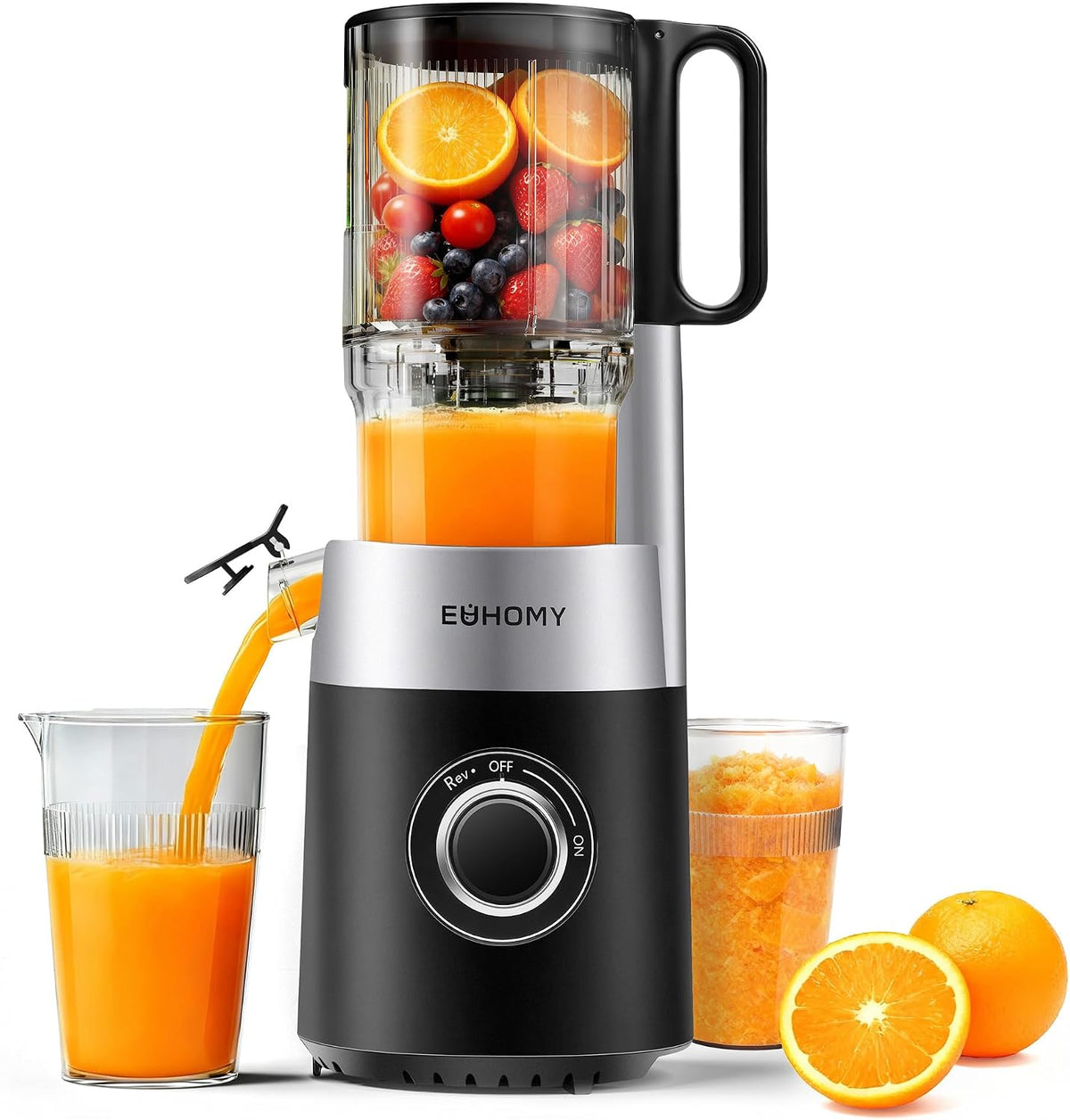 Extracteur de jus, Presse à Jus Lente Avec Goulotte 135 Mm, acier inoxydable, EUHOMY, 1, 8 L, 220 W, 60 dB, Capacité 1, 8 L, Noir