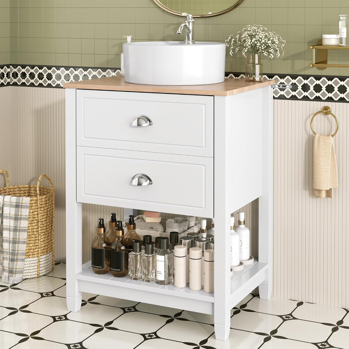 Meuble sur pied, blanc et effet bois, 60 × 45 × 91 cm, avec 2 tiroirs et étagère ouverte, Merax, Lavabo avec meuble sous vasque