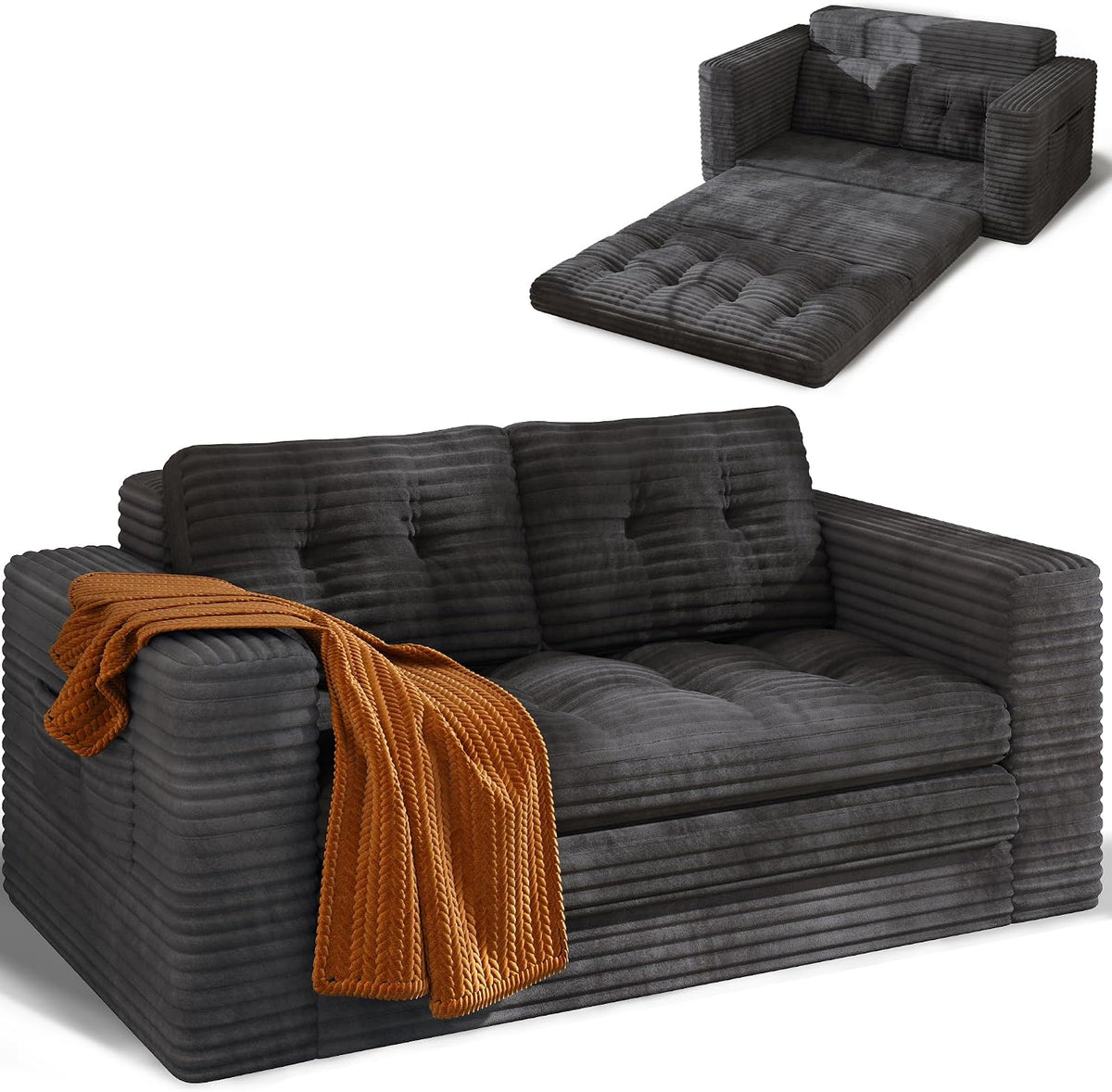 Canapé, Tissu Velours Côtelé, 150 × 215 × 63 Cm, télécommande, Xbro, 150 × 85 × 75 cm, 120 × 215 × 62 cm, pliable, réglable, Noir