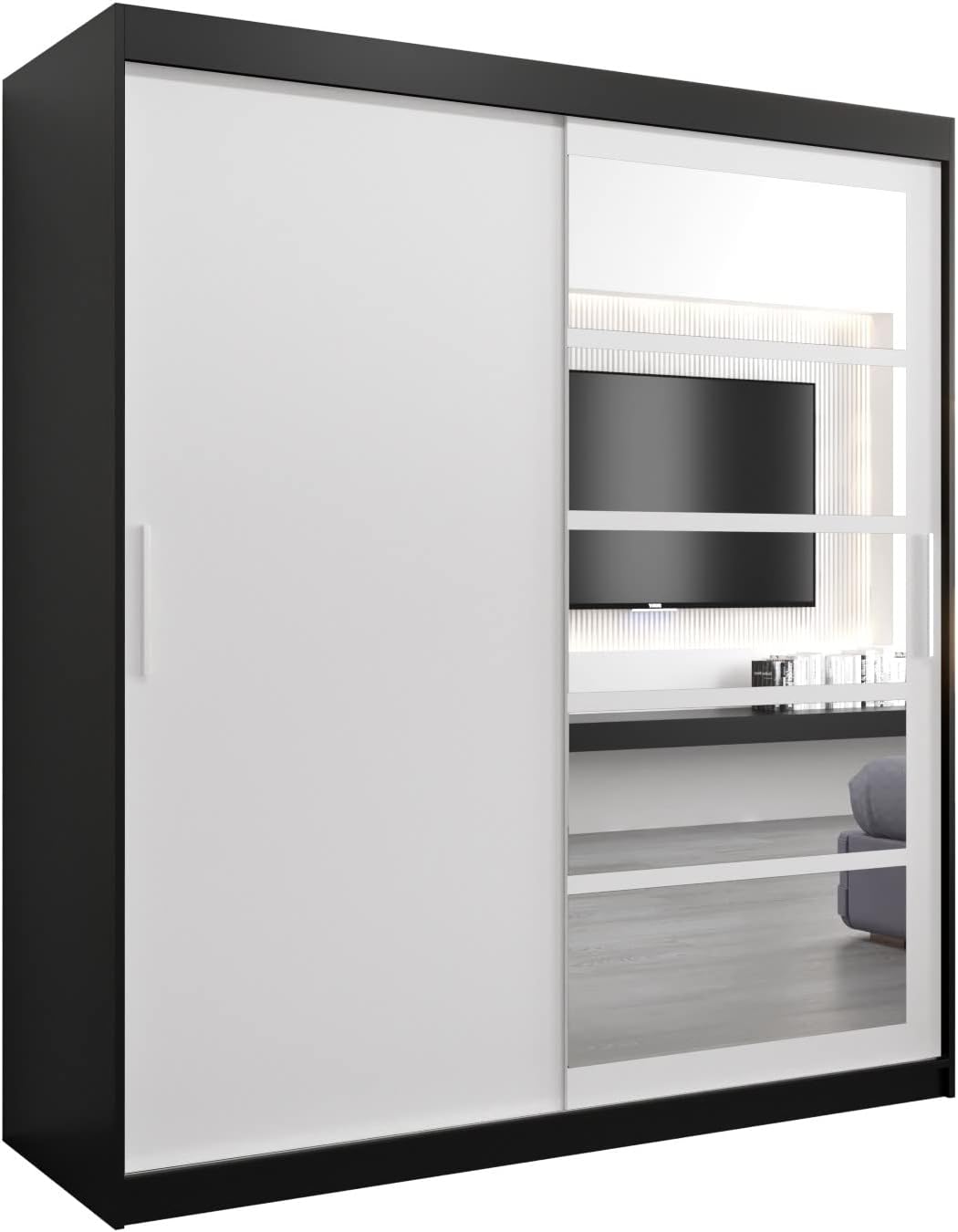 Armoire ABIKSMEBLE 180x200x62, 180 × 200 × 62 cm, 16 mm, 0, 5 mm, 200 cm, 5 étagères, 2 portes, - Noir Mat + Blanc Mat