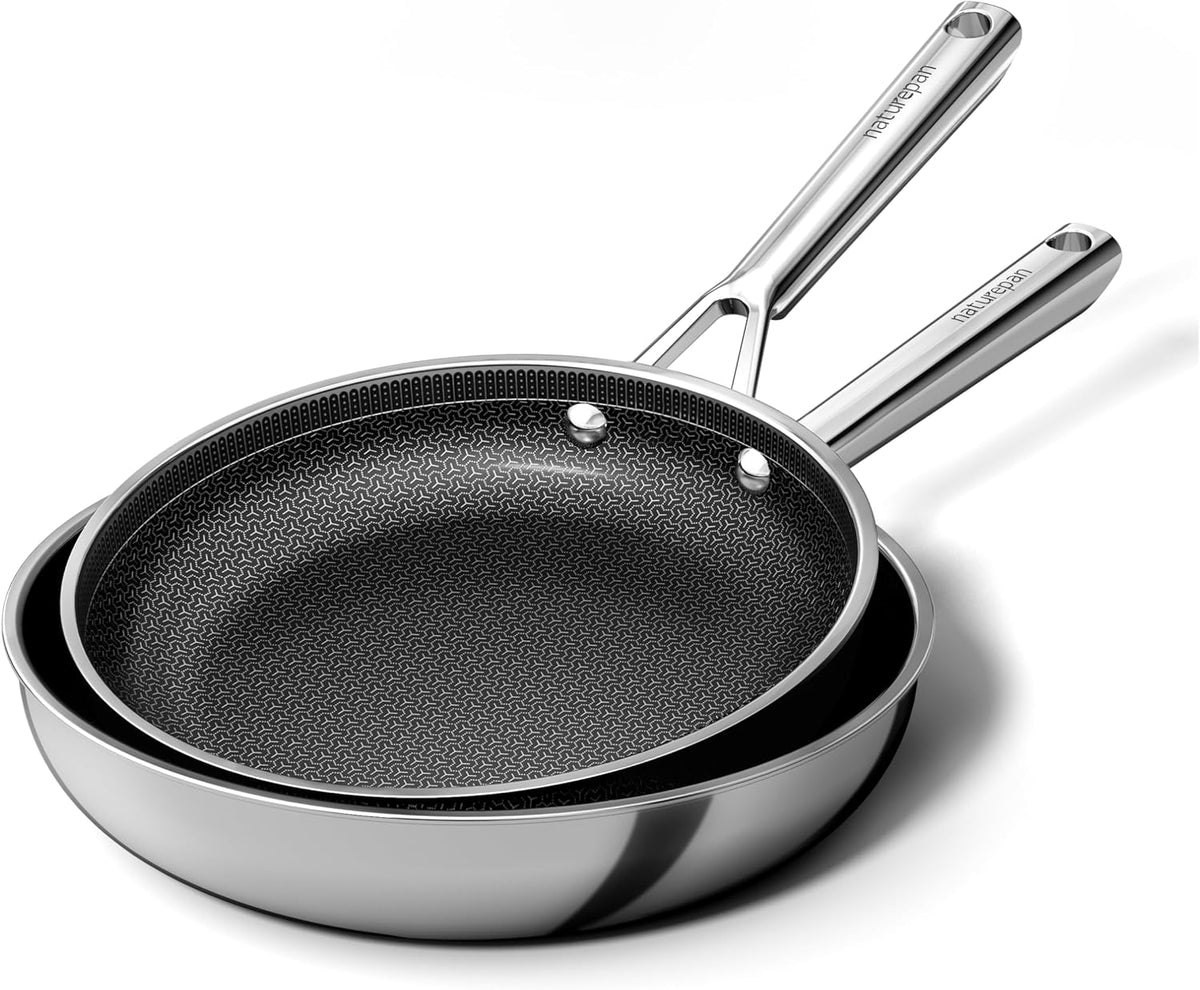 Lave-vaisselle, Set de 2 Poêles Hybrides Acier Inoxydable 24/28 cm, naturepan, 24 cm, 260°C, Structure 5 Couches, Induction