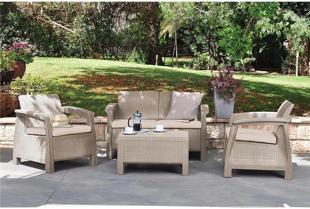 Salon de jardin, réalisé avec Finition tressée, 128 × 70 × 79 cm, Keter, 75 × 70 × 79 cm, composé de Deux fauteuils, canapé et Table Basse