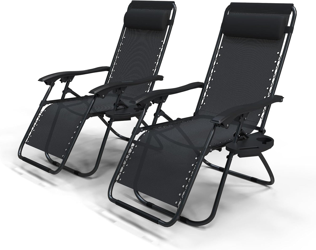 Bain de soleil, 91 × 108 × 64 cm, Chaise Longue Inclinable en Textilene avec Porte Gobelet Et portable Noir Lot de 2, vounot, 120KG