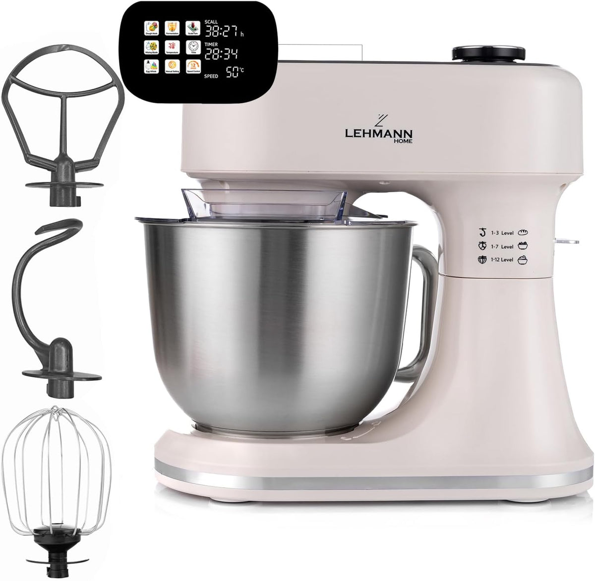 LEHMANN Batteur sur socle, 12 Vitesses, Bol Mélangeur 5L avec Fonction Fermentation et Chauffage, 1500 W, 1500W, 45 °C, 4 programmes