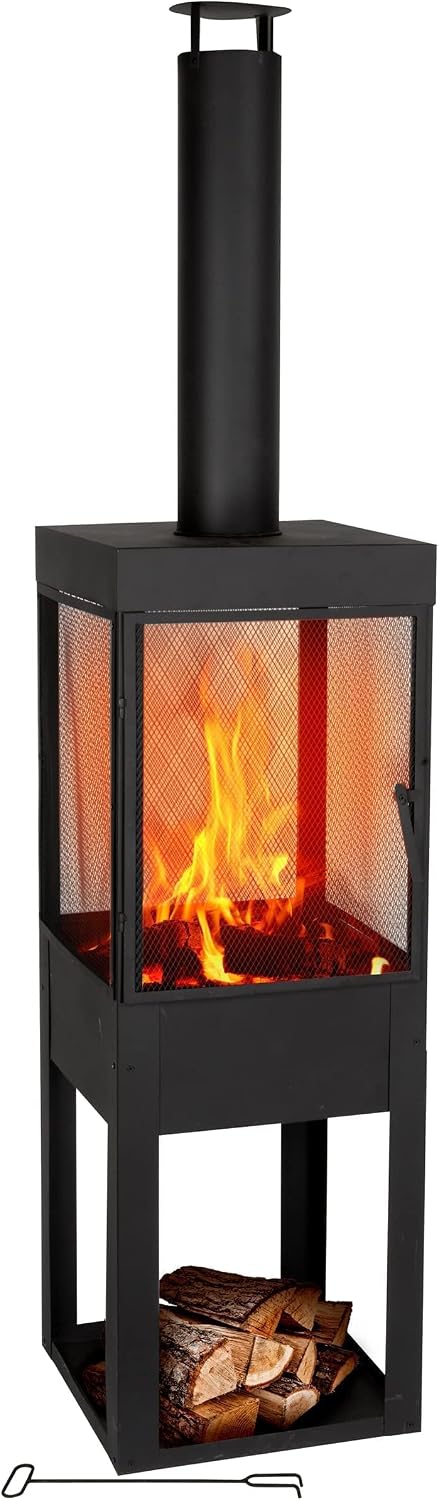 BBQ Collection Foyer et braséros, Brasero Exterieur avec Cheminée, Poêle à Bois Decoration Jardin, 194 × 44 × 47 cm, Acier au Carbone
