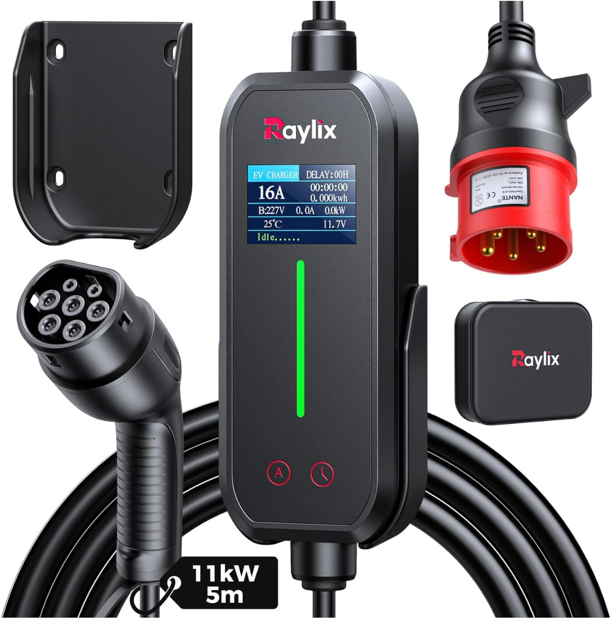 Raylix Station de charge, Compatible avec Type 2, 230 V, 11kW Chargeur Voiture Électrique, 11 KW, 8A–16A, Borne de Recharge 11 KW Triphasé