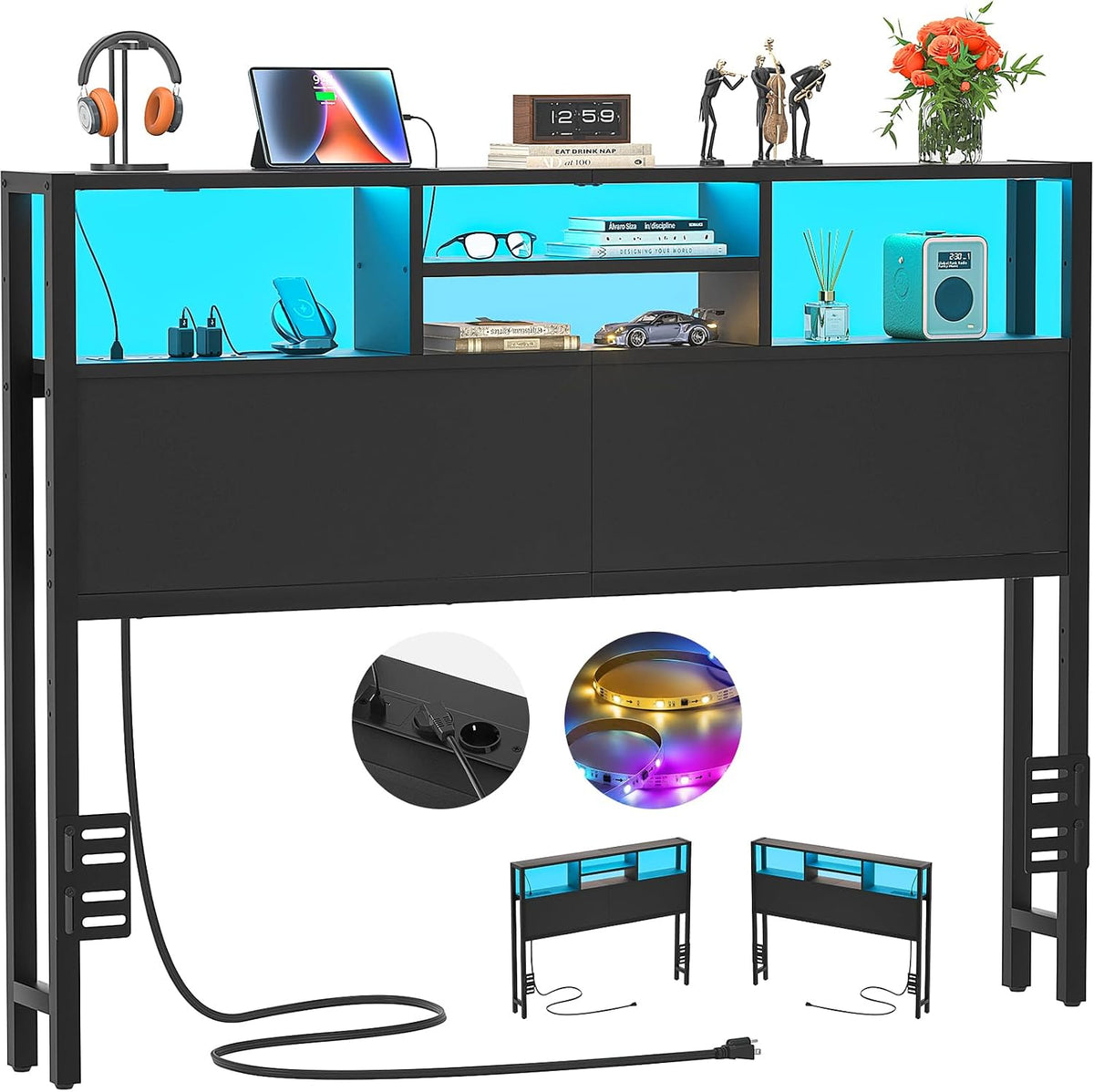 Lit, 140 cm, éclairage LED, iSunirm, 150 cm, 3 niveaux, réglable, Ports USB et Pip-C, Hauteur réglable, minuterie, Prises électriques
