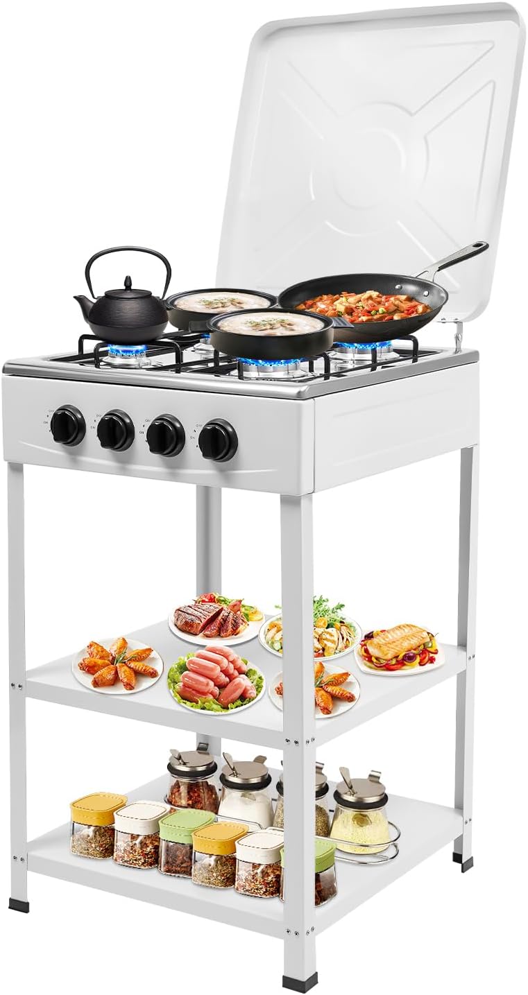 YNAADYH Cuisinière, brûleur d'extérieur pour la cuisson, 49 × 49 × 79 cm, acier inoxydable, 2, 5 kW, 4 brûleurs, 2 étagères, portable