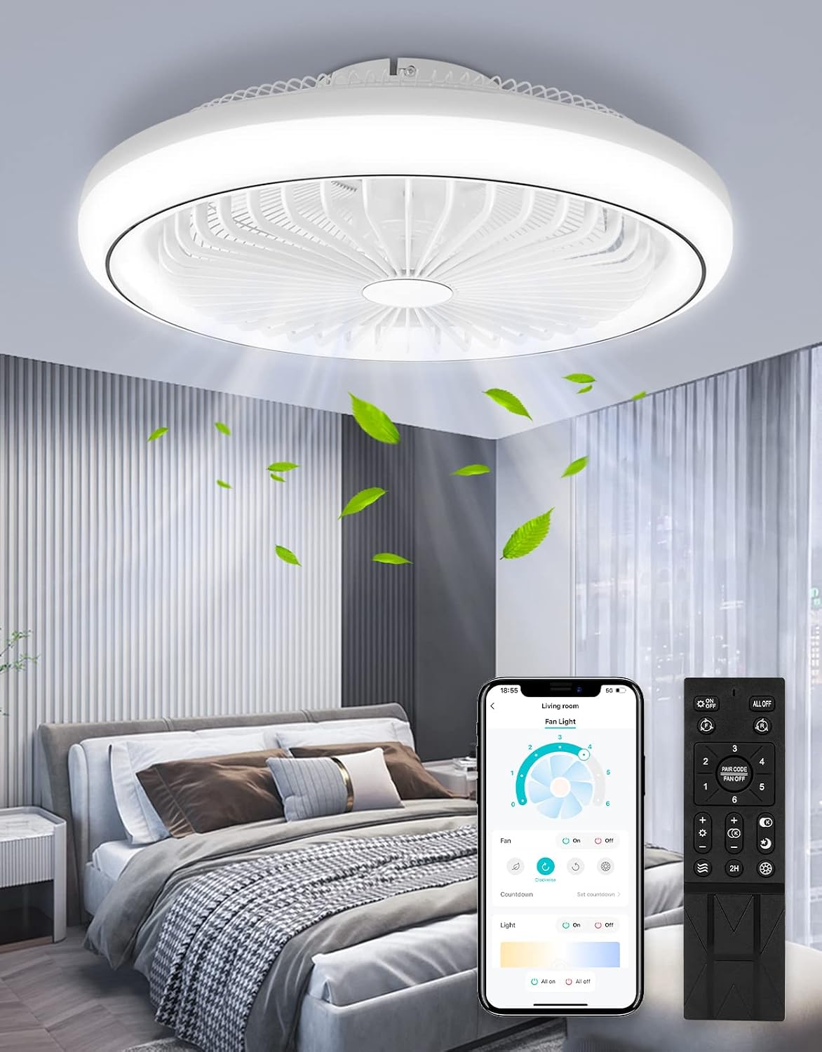 Litglobe Ventilateur de plafond, 6 Vitesses, télécommande, réglable, minuterie