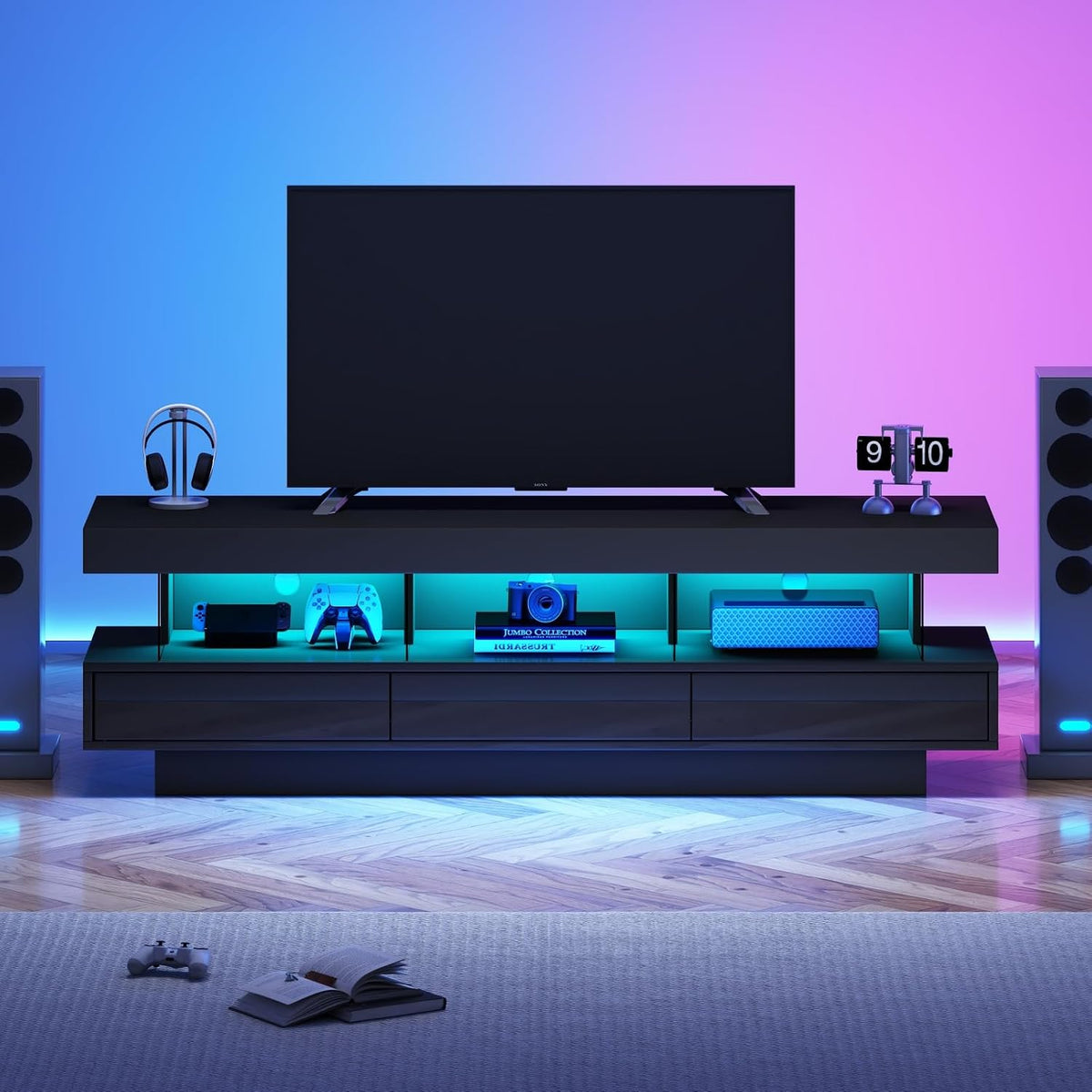Meuble TV, 3 Étagères en Verre, 160 cm, télécommande, Style Moderne pour Salon, YEHTOKHOME, 70 Pouces, Supporte Télé 70 Pouces, Noir-1, 3 Tiroir