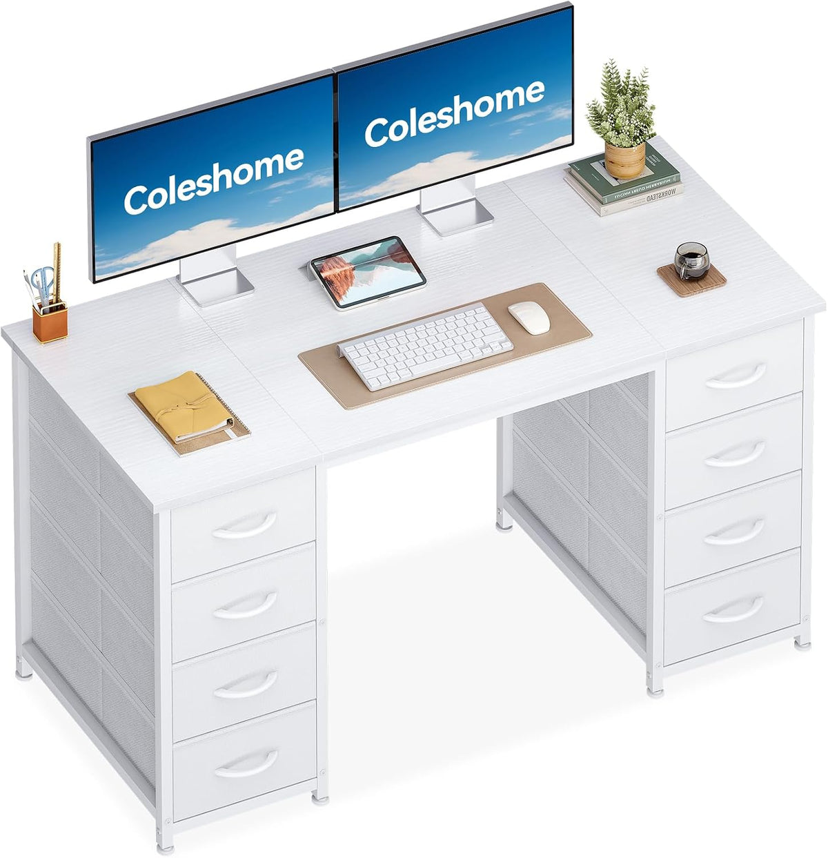Bureau, réglable, 120 × 48cm, Coleshome, 8 Tiroirs, Blanc