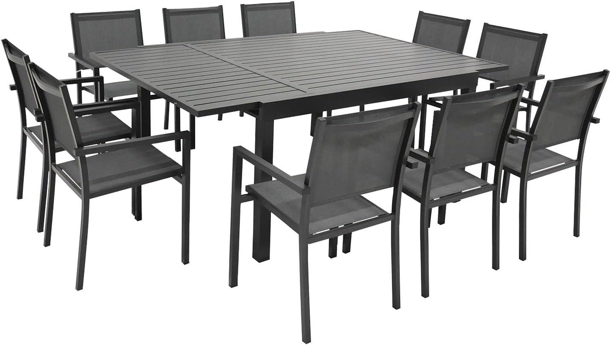 Ensemble salle à manger, Aluminium Anthracite Venezia, Salon de Jardin Extensible 10 Places de 140/200cm en textilène Gris, Happy Garden, 89, 5 cm