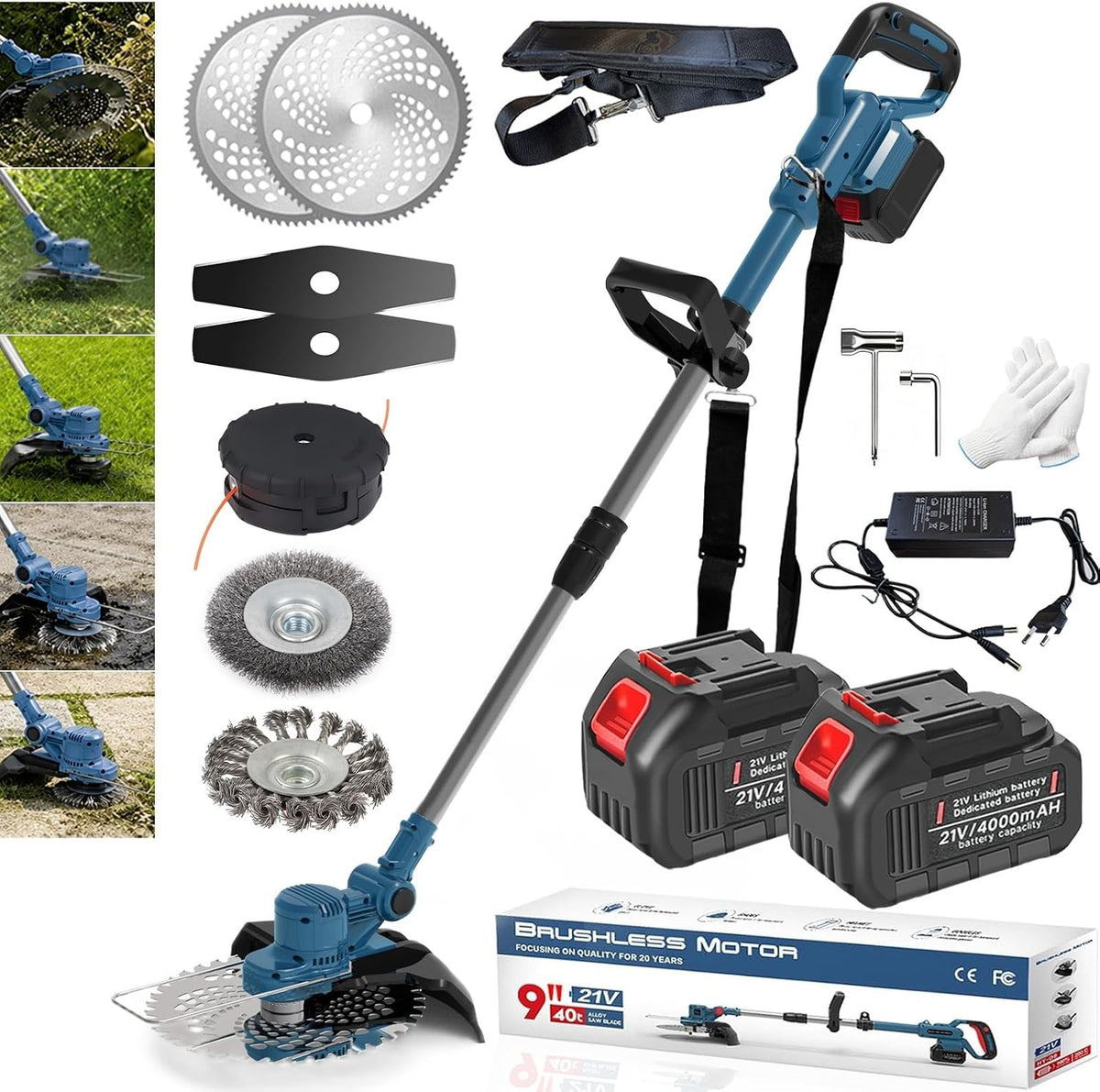 Débroussailleuse, réglable, 4.0 Ah, YUIOIBUC, 28 cm, 24 cm, 10 cm, 750 W, 20 000 tr/min, 142 cm, 21V, 4 000 mAh, Blau