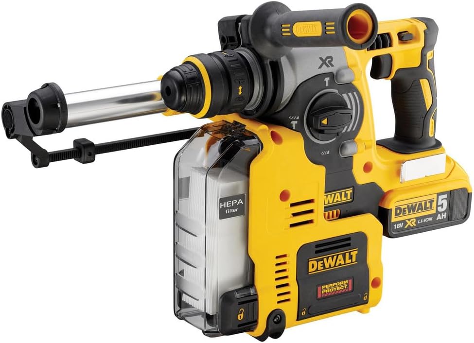 DEWALT Collecteur de poussière, 18, 0 V, Perforateur-burineur avec système d'aspiration, 1100 Tr/min, 4600 Tr/min, 5.0 Ah, dch275p2