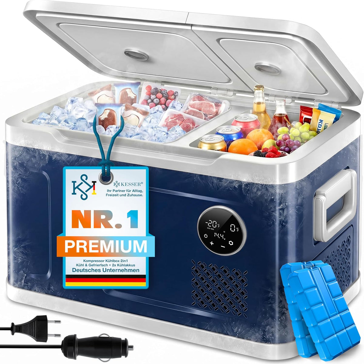 Réfrigérateur, Congélateur électrique avec 2 blocs réfrigérants et commande tactile LED, 49 l, KESSER, 3 niveaux, 20 °C, 17 °C, éclairage LED