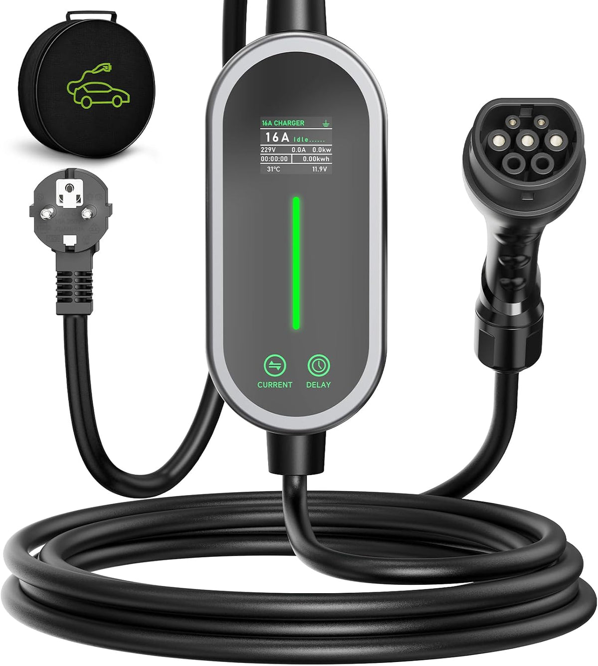 AUFYEV Accessoire de station de charge, éclairage LED, 6-16A, Chargeur Voiture Electrique 3, 6kW 8m, 3, 6 kW, 6-16A Cable Type 2, portable