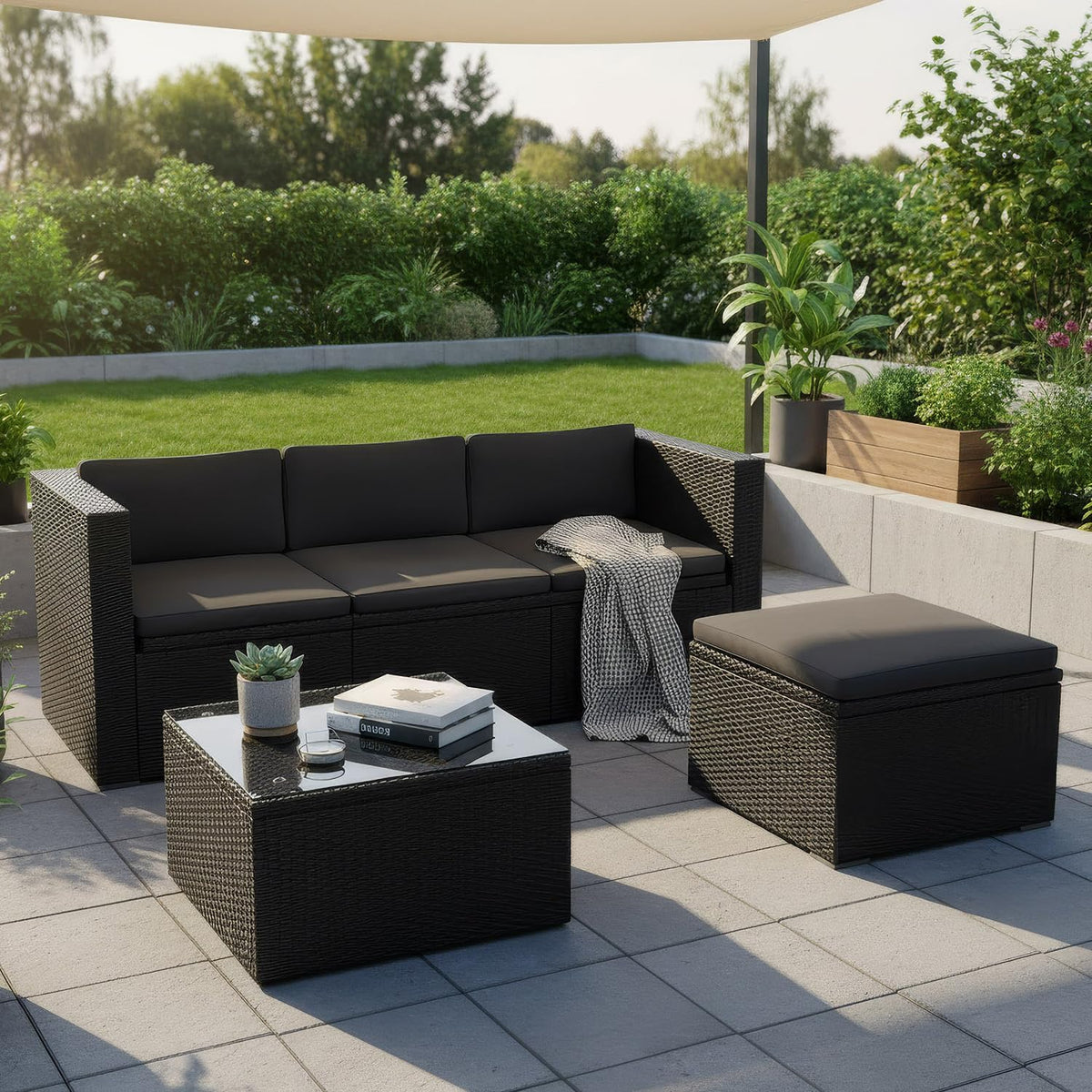 Salon de jardin, avec canapé 3 Places, Ensemble de Meubles de Jardin Noir/Gris, verre, Juskys, 61 × 61 × 37 cm, 5 cm, 5 mm, Tabouret