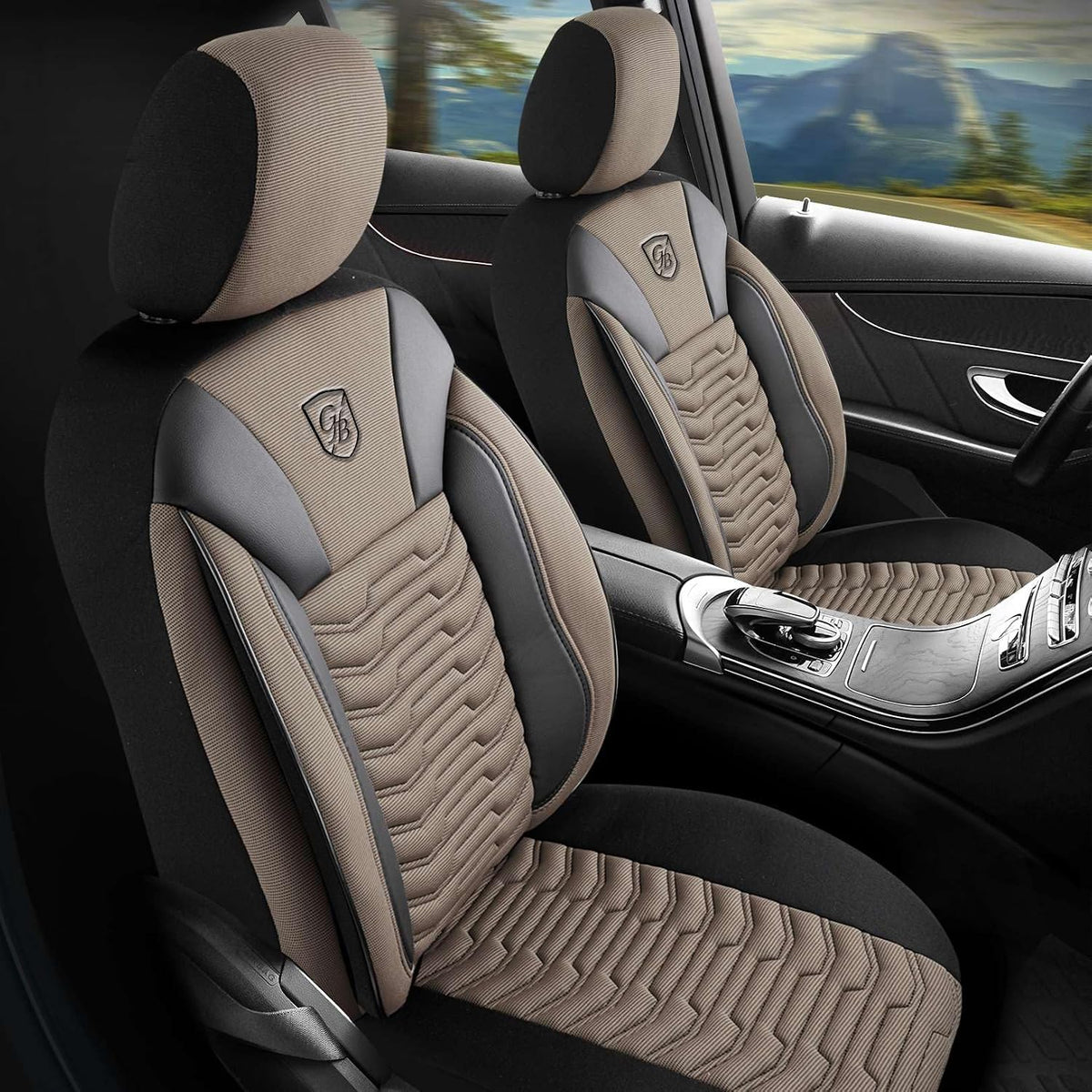 housse de siège, Housses de siège de voiture universelles pour voitures et SUV, GIOVANNI BUTTI, Beige-Noir, Compatible airbag