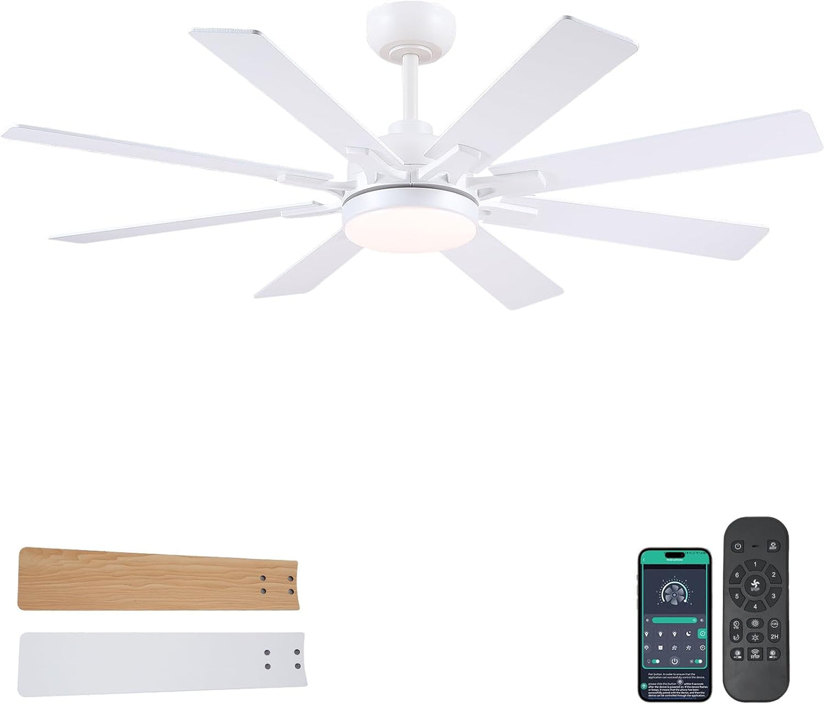 Ventilateur de plafond Kviflon, télécommande, 132 cm, Plafonnier Ventilateur Led pour Chambre Salon, 8 Pales en Bois, éclairage LED, Blanc