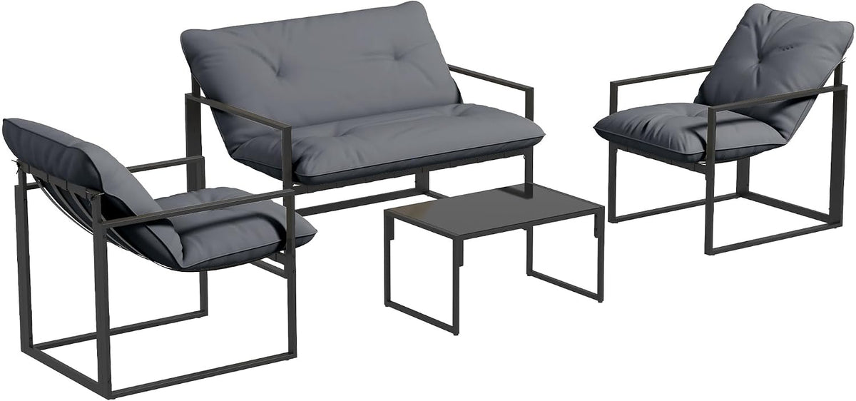 Canapé, Salon de Jardin Extérieur 4 Pièces Coussins 15cm Acier Noir, Outsunny, 15 cm, 114l, 60l, 65l, verre