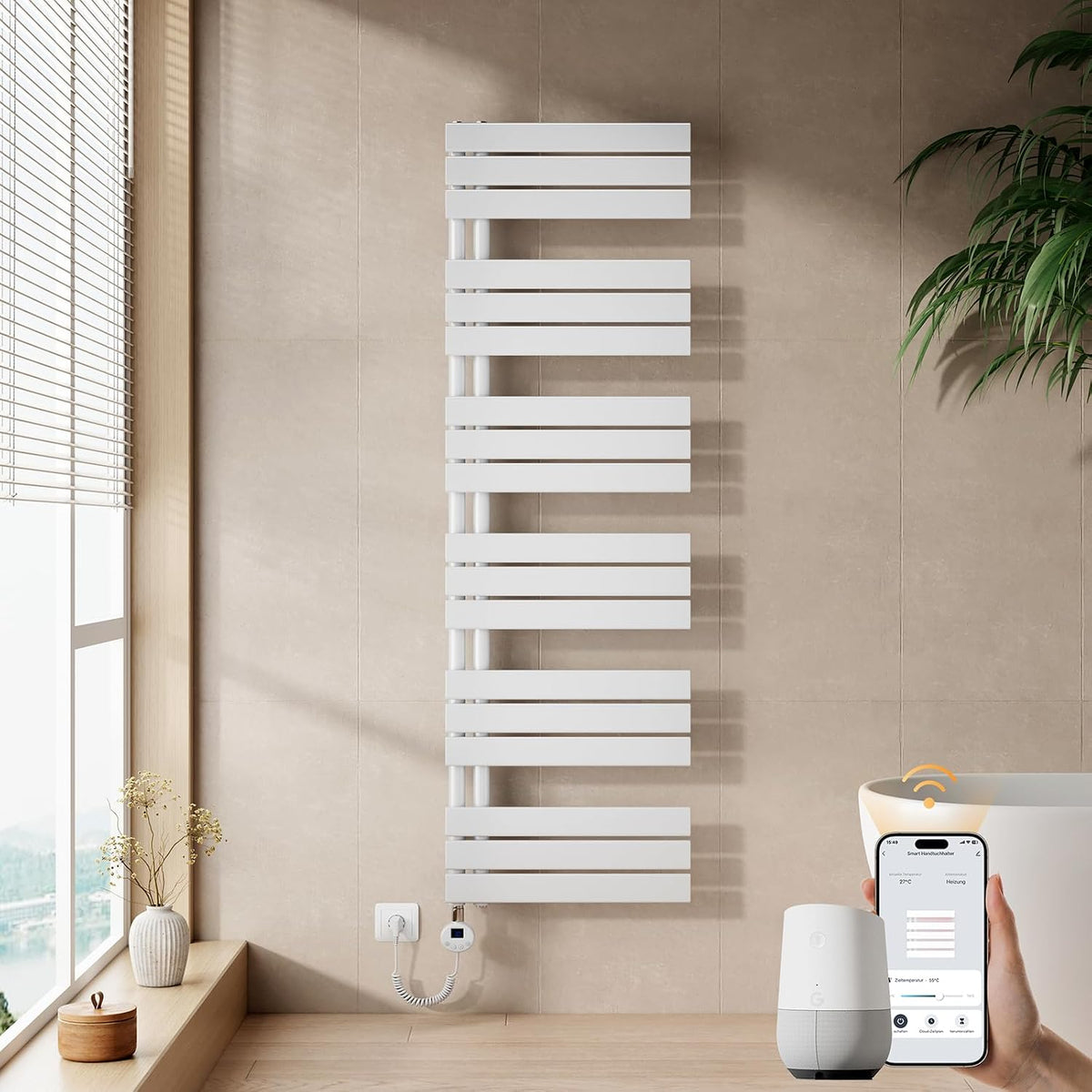 Sèche-serviette, Wi-Fi, 1599 × 500 mm, EMKE, 1000 W, 115 mm, 4 MODES, 30 °C, réglable, Blanc, WiFi
