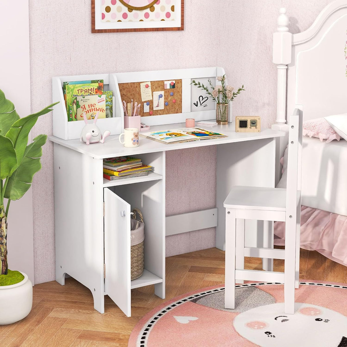 DREAMADE Bureau, 90 × 45 × 85, 5 cm, Table d'Etude et Chaise Enfants avec Étagère, 29 × 29 × 74 cm, 90 × 45 × 85, 5CM, Tableau Blanc