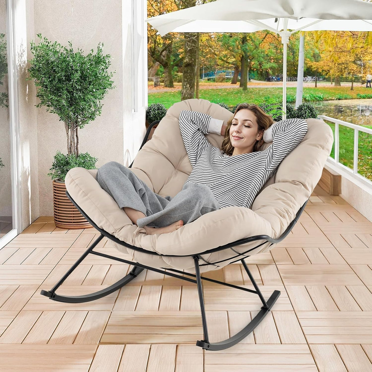 Fauteuil, 205 kg, Cadre en Métal, réglable, pour Salon, GIANTEX, 16 cm, Charge 205 kg, Chaise a Bascule Surdimensionnée, Balcon