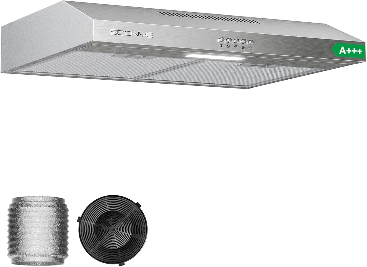 Hotte aspirante Soonye, acier inoxydable, éclairage LED, 60 dB, Hotte Cuisine, 3 vitesses, 60cm, 220 m3/h, 595 × 100 × 484mm, 200 m3/h, 240V, 50Hz
