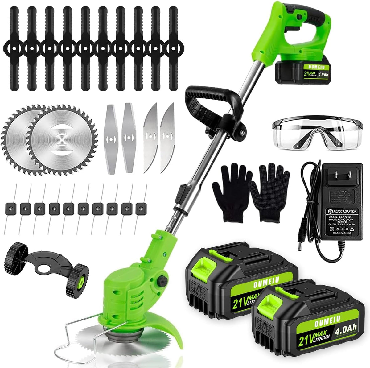 Oumeiu Débroussailleuse, Coupe Bordures sans Fil a 2 21V 4.0Ah Batterie et Chargeur Rapide & 4 Types Lames, acier inoxydable, 18 000 tr/min