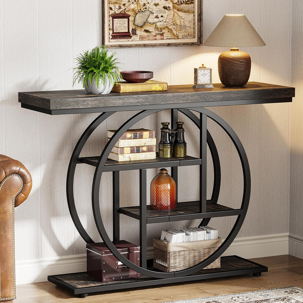 Console, à 4 Niveaux avec Base Circulaire, étroite en Bois avec étagères de Rangement pour Salon et Couloir, Tribesigns, 105 cm, 4 cm, 30 cm, 80 cm