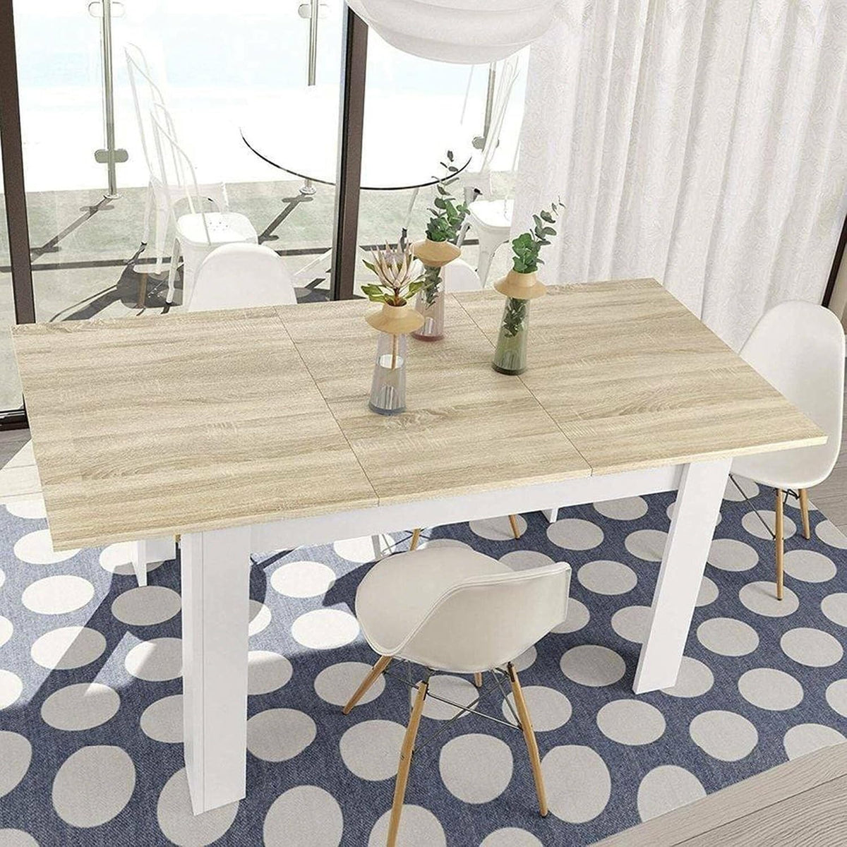 Table, 140 cm, Console extensible pour salle à manger, Dmora, 190 cm, 50 cm, 15 mm, 0, 6 mm, Chêne et Blanc