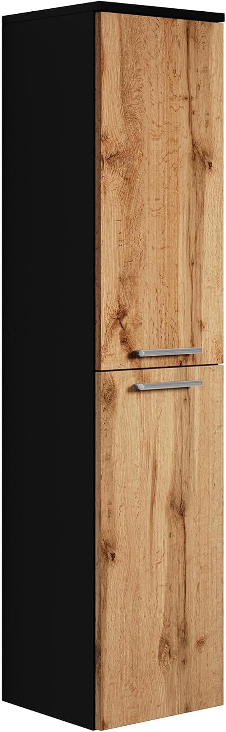 Meuble colonnes Badplaats B.V., Armoire de Rangement de Saturnus Hauteur 130cm Noir Mat avec Chene, 35 × 35 × 130 cm, 30 × 30 × 160 cm