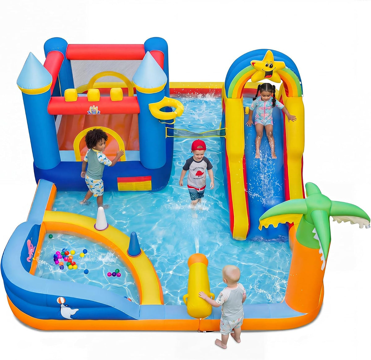 GIANTEX Châteaux gonflable, Parc Aquatique Gonflable avec Toboggan, 35 cm, pour Enfants 3+ Ans, 750 W, Aire de Saut, Mur d'escalade, Bassin