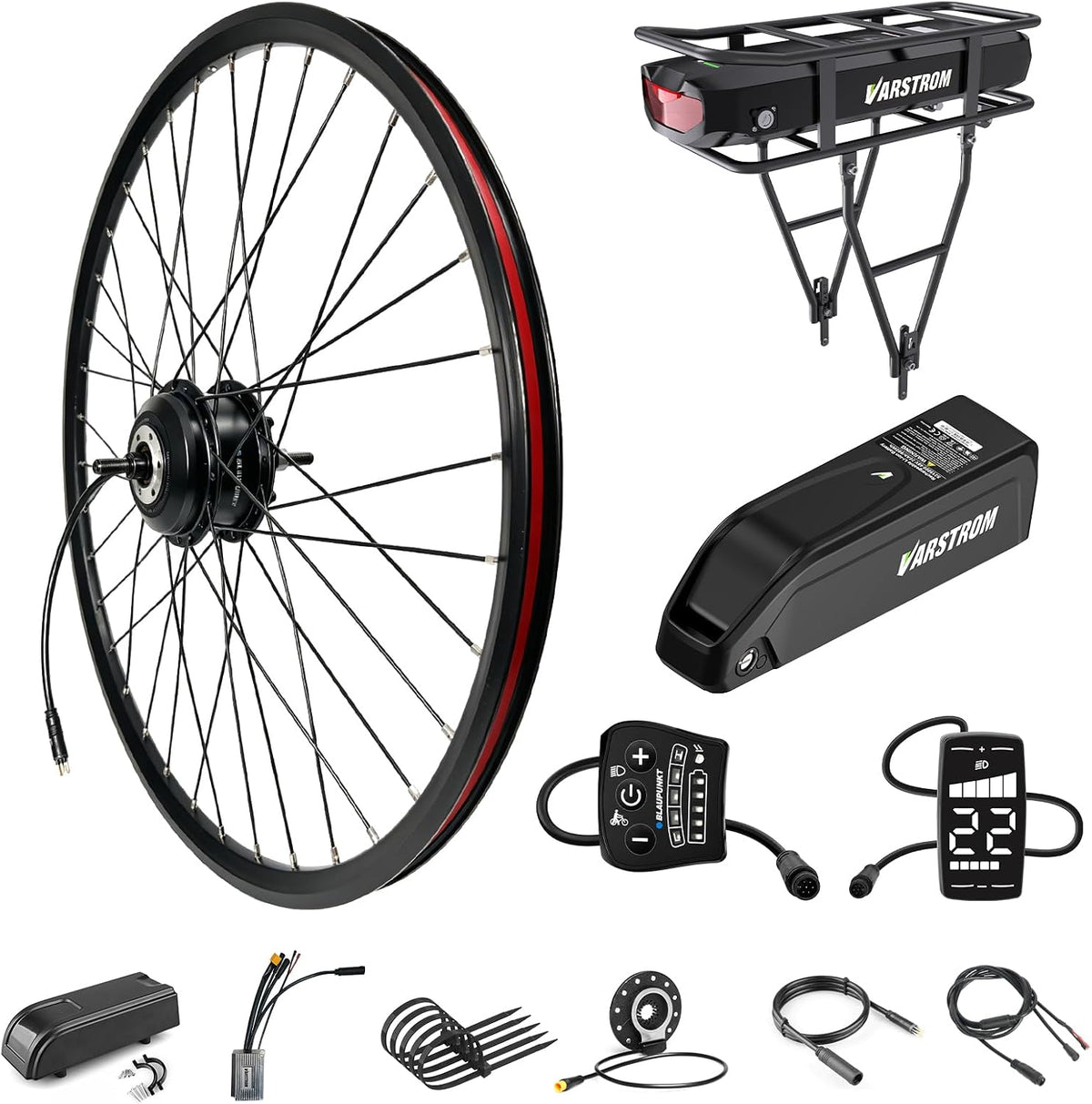 Varstrom Moteur électriques, 36V 250W Kit Conversion Velo Electrique avec Batterie Opt 26' 27.5' 28', 5 niveaux, 9 vitesses, 55dB, 570mm, 630mm