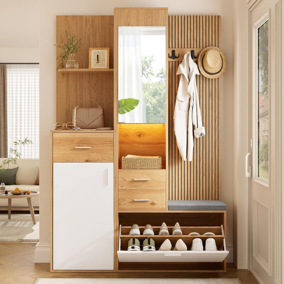 ZHOMGG Portemanteaux, Meuble Entrée 178cm avec Porte-Manteau, 122cm, éclairage LED, Blanc, Banc à Chaussures
