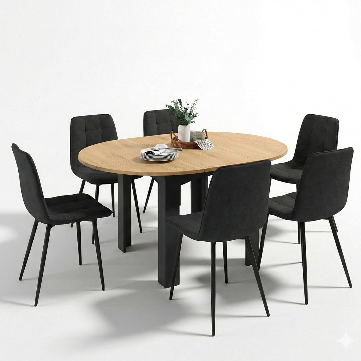Ensemble pour salle à manger, 150 cm, IDMarket, 110 cm, 76 cm, 88 cm, 40 cm, 45 cm, Ensemble Table à Manger Extensible Ronde Dona + 6 chaises Mila