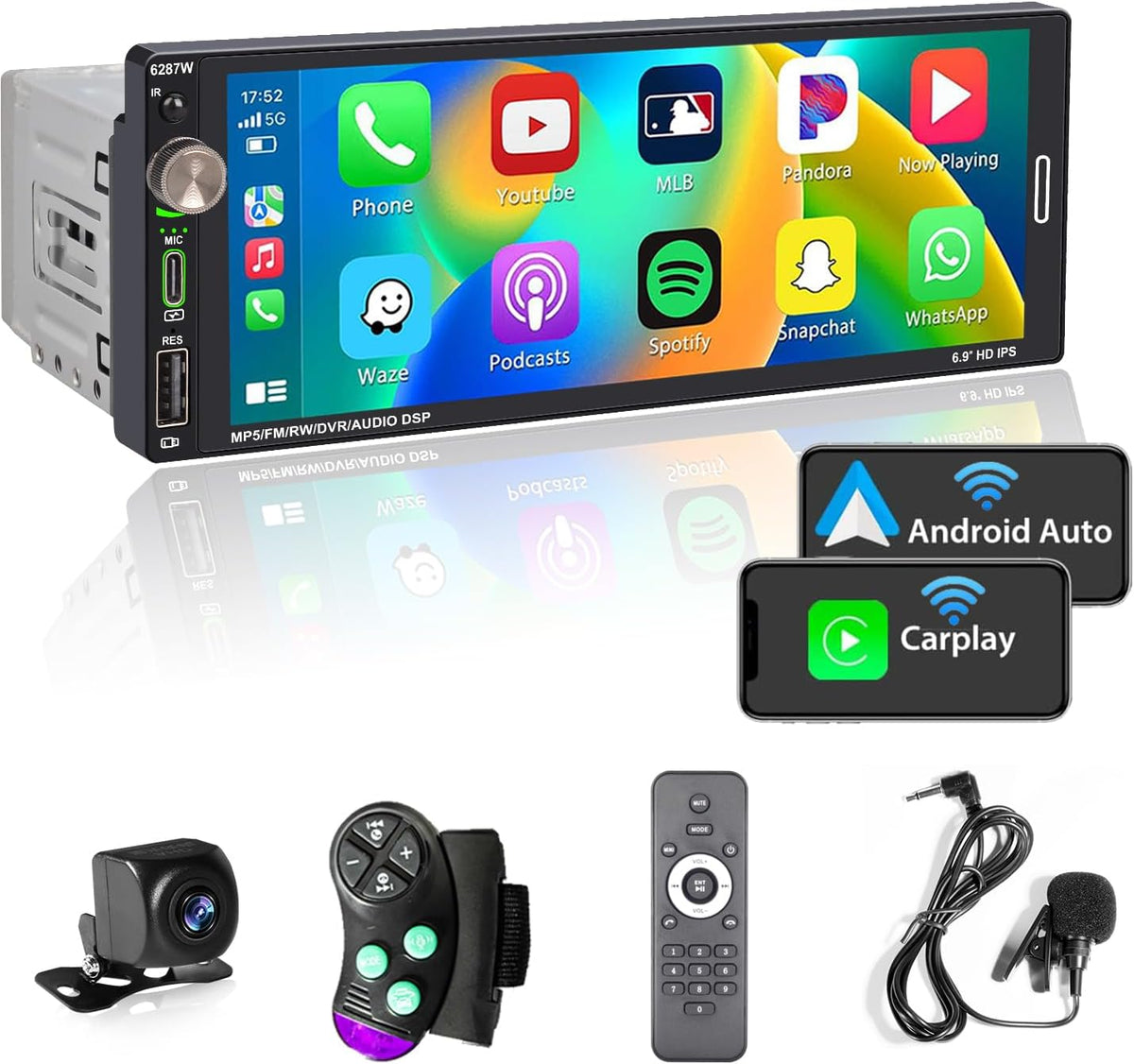 Autoradio, Bluetooth, 6, 9 pouces, Alondy, Charge Rapide 2, 1A, Compatible avec Apple CarPlay Wireless / Android Auto Bluetooth Type-C USB