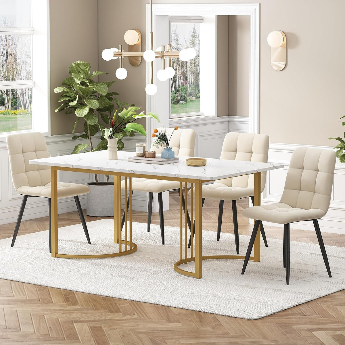 KUAKE Ensemble pour salle à manger, table de cuisine pour la maison et la famille, 140 × 80 cm, Ensemble de table à manger avec 4 chaises en velours