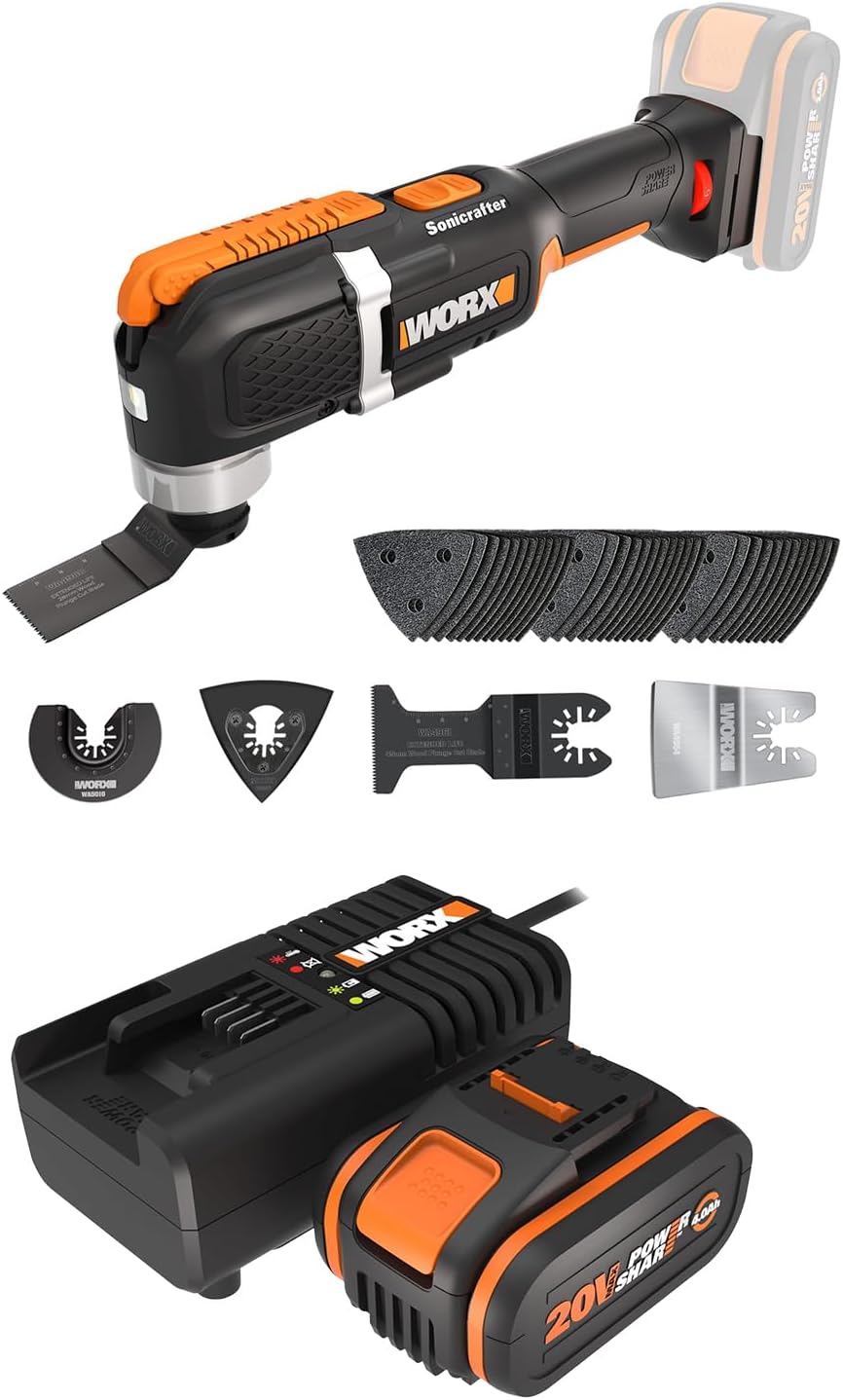 WORX WX696 Outil oscillants, PACK Outil oscillant multifonctions sans fil 20V WX696.9, léger, 40V, 80V, Puissant 5000/6000 tr min