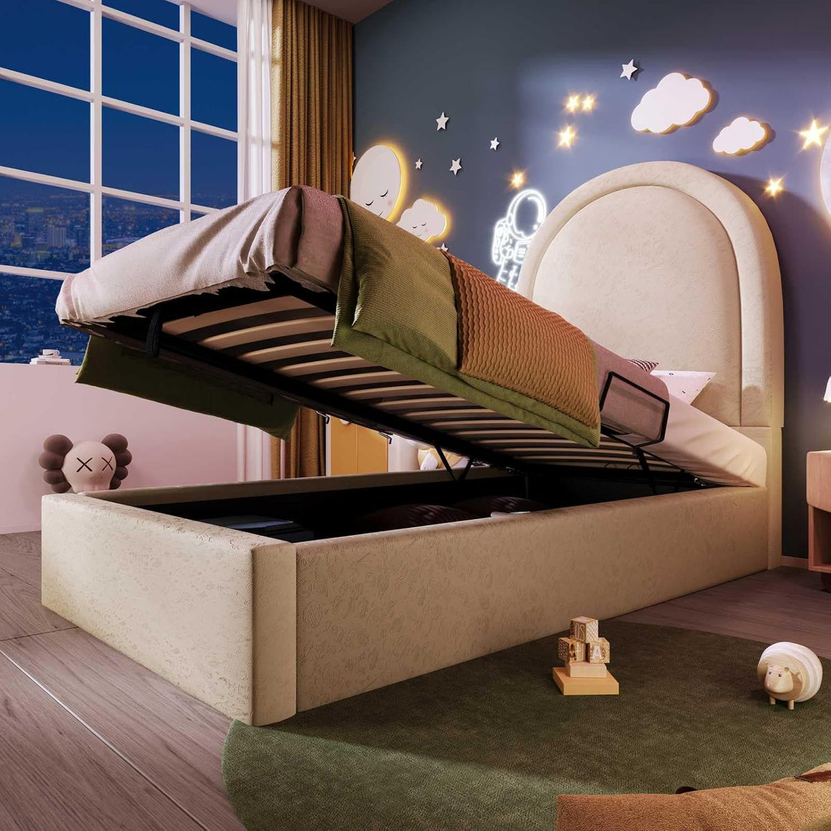 Lit, 90 × 190cm, Tête avec Arc en Demi-Cercle, YEHTOKHOME, sans Matelas, Beige