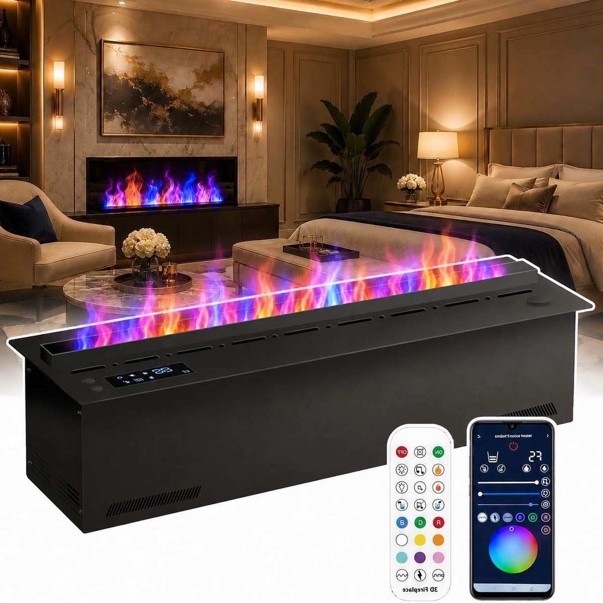 adeproptitysed Cheminée électriques, télécommande, acier inoxydable, 800mm, Cheminée électrique à Vapeur D'eau 3D 800mm, éclairage LED