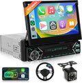 Autoradio, Radio 7 Pouces avec écran rétractable Automatique, podofo, Radio 1 Din BT/Commande au Volant/Lien Miroir/égaliseur/USB-C+caméra de recul
