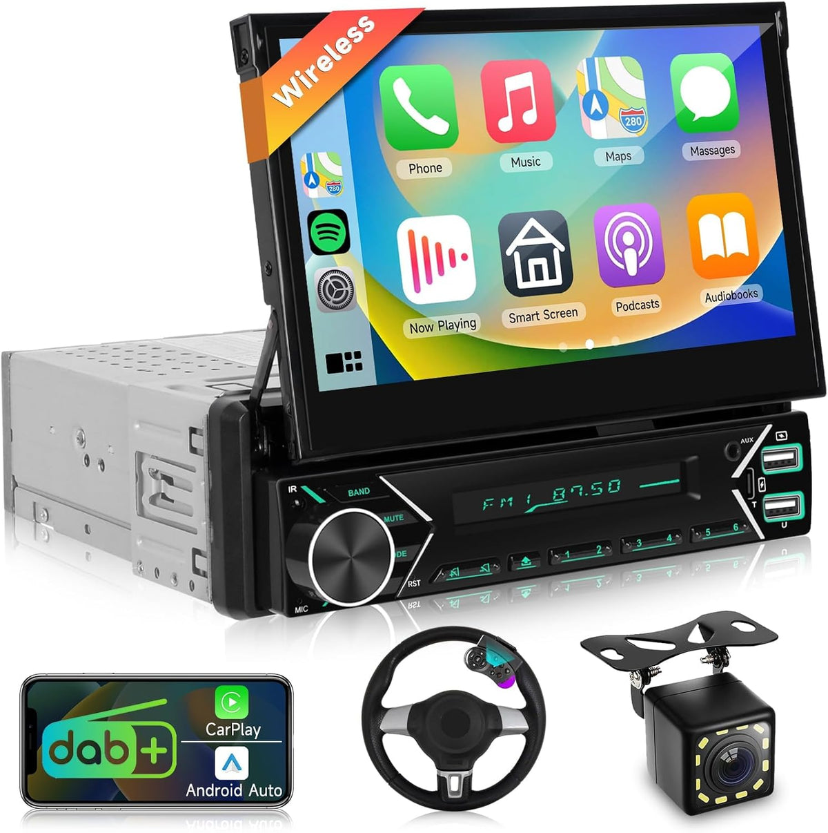 Autoradio, Radio 7 Pouces avec écran rétractable Automatique, podofo, Radio 1 Din BT/Commande au Volant/Lien Miroir/égaliseur/USB-C+caméra de recul